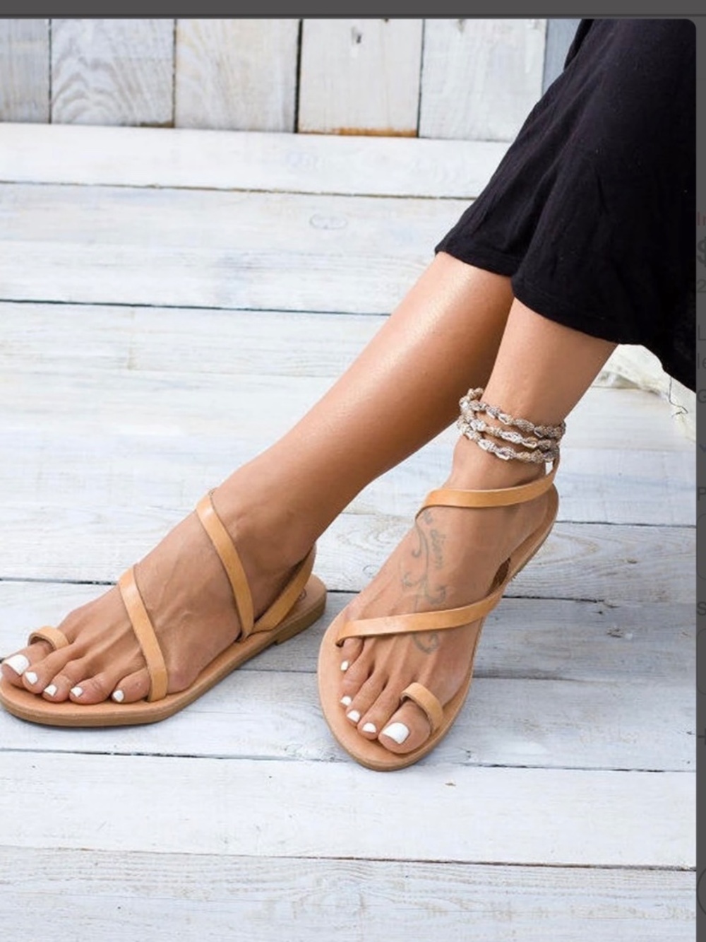 Handmade Greek Leather Sandals Size 39 US 8 Tan Toe Ring Wrap Flat Sandals - Picture 3 of 9